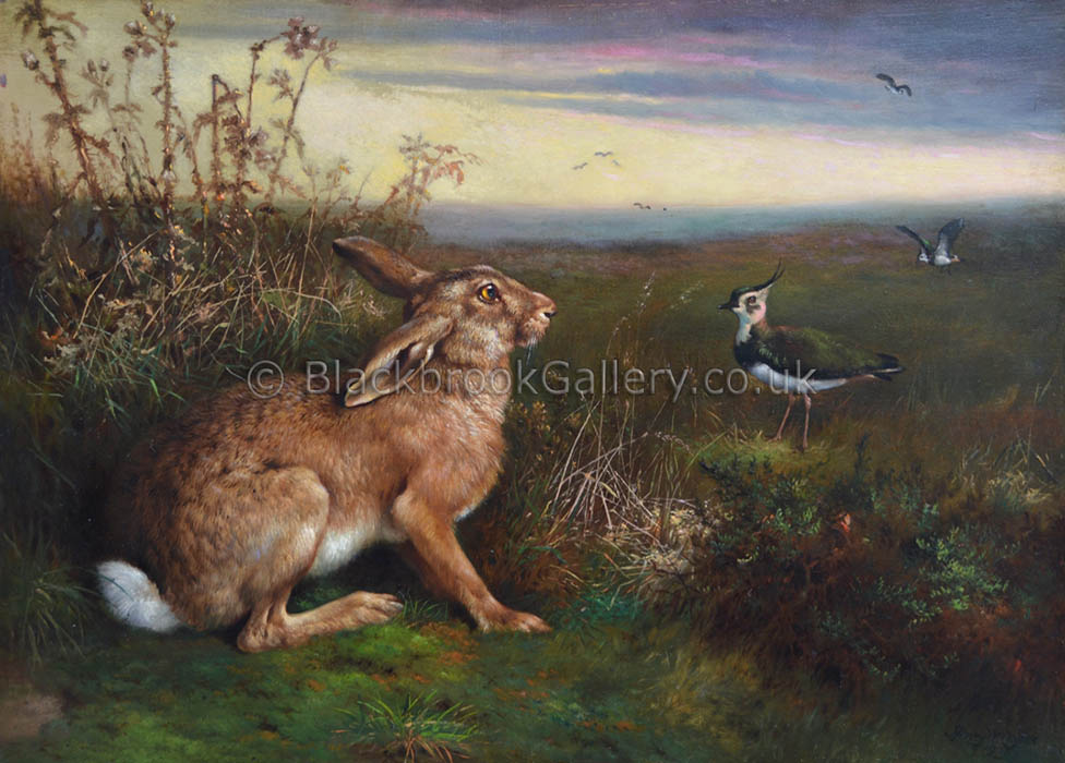 Hare & Lapwings In A Landscape By H. Carter