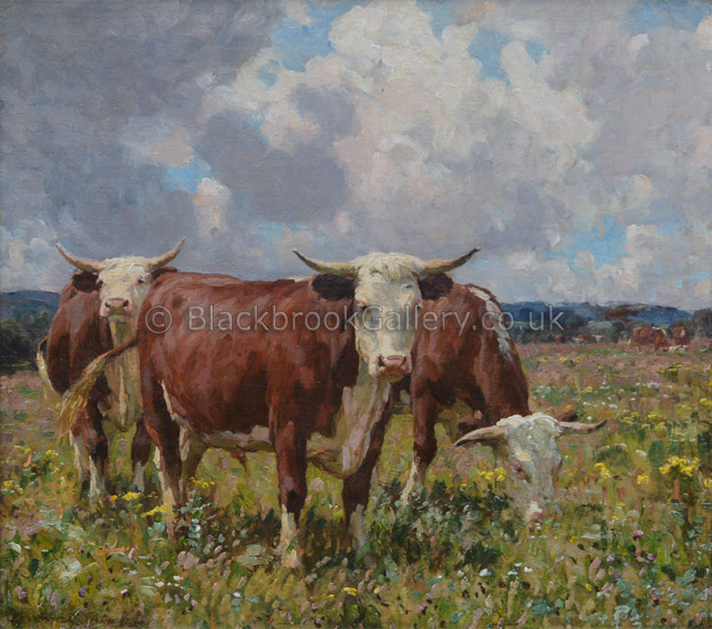 Herefords In A Meadow By William Gunning King