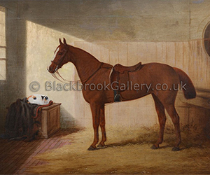 Horse in a stable with sleeping cat by Edwin Brown antique animal portrait