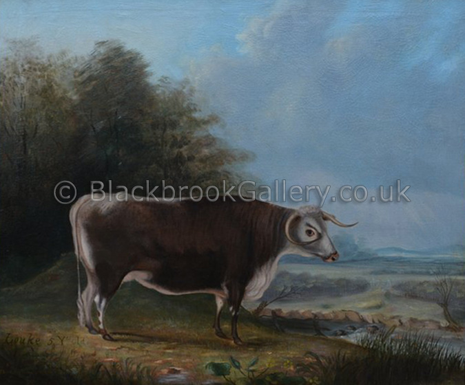 Longhorn cow in a landscape by Geo Gregory antique animal portrait