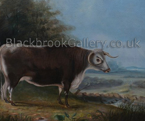 Longhorn cow in a landscape by Geo Gregory naive animal paintings
