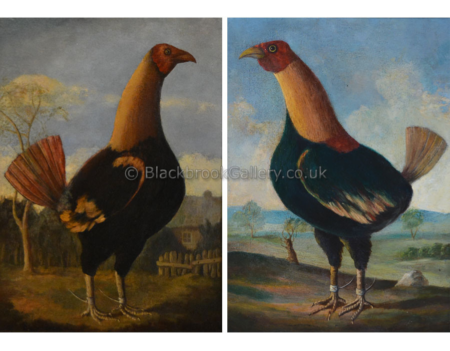 Naive Game Cock Pair, Antique Animal Paintings