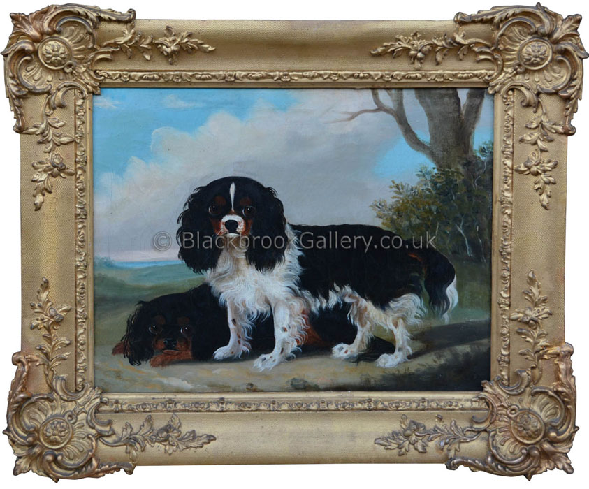 Two king charles spaniels antique animal portrait