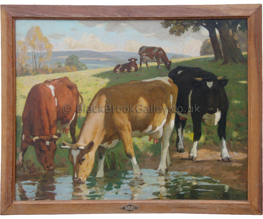 Cattle watering at a stream by William Gunning King antique animal portrait