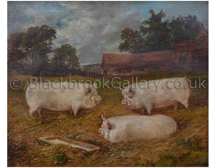 Middlewhite trio by E. S. England antique animal paintings