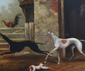 Greyhounds in farm yard by Samuel Spode naive animal paintings