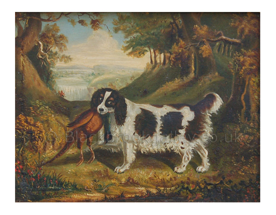 Springer spaniel with a cock pheasant antique animal paintings
