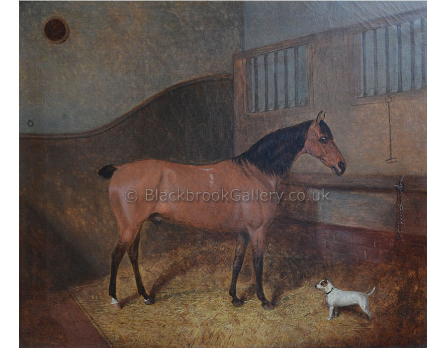 Bay hunter piccolomini and terrier in a stable by Richard Whitford antique animal paintings