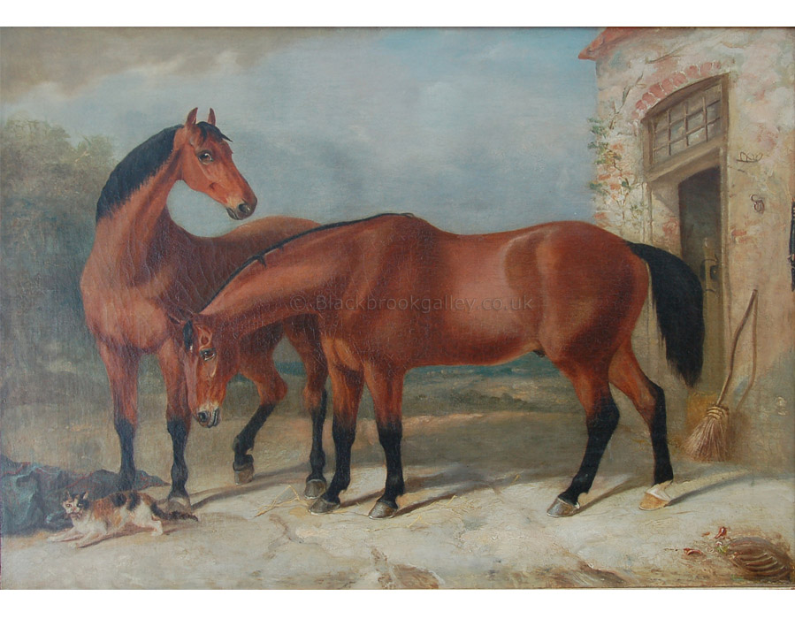 Carriage horses with the stable cat by William Barraud antique animal paintings