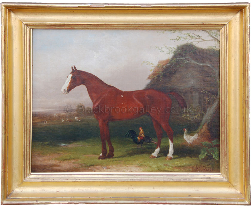 Chestnut hunter and poultry with longhorn cattle in distance by William Shaver antique animal portrait