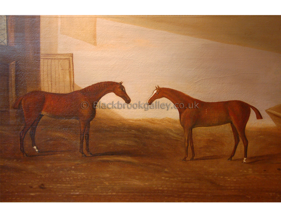 Two chestnut fillies in a stable by John Miles antique animal paintings