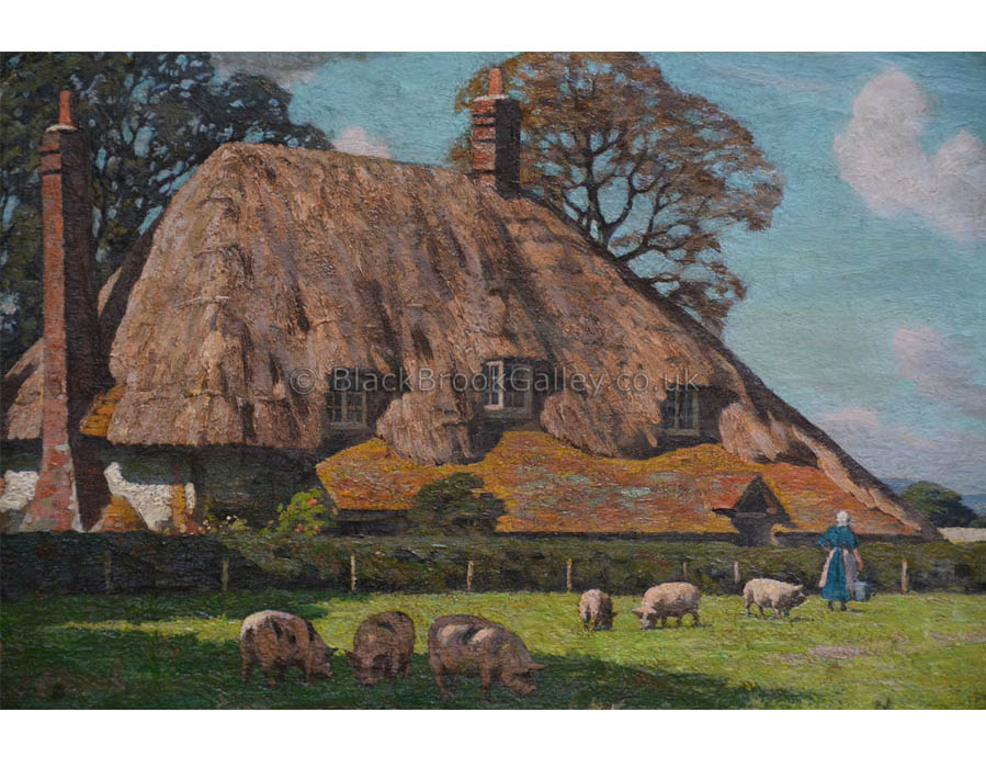 Thatched farmhouse with pigs in the foreground by William Gunning King antique animal paintings