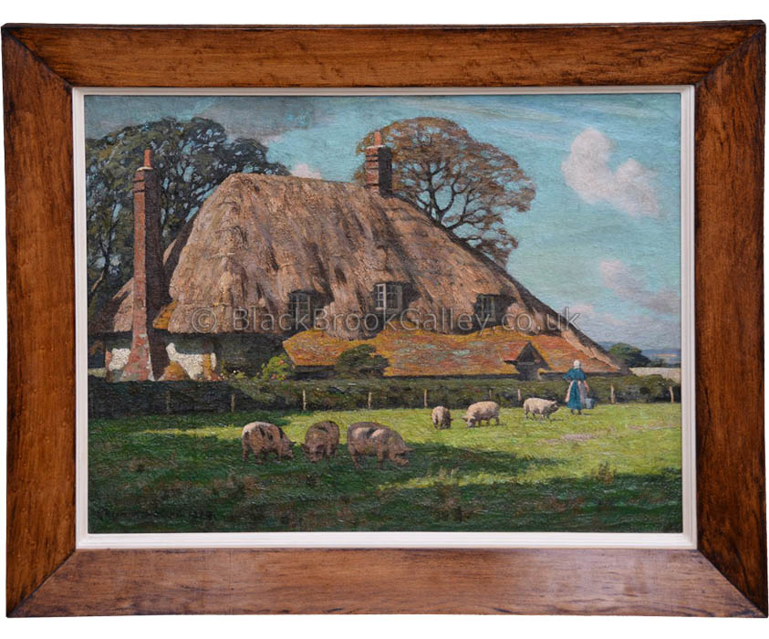 Thatched farmhouse with pigs in the foreground by William Gunning King antique animal portrait