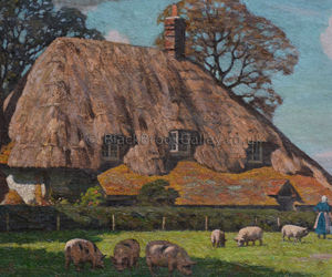 Thatched farmhouse with pigs in the foreground by William Gunning King naive animal paintings