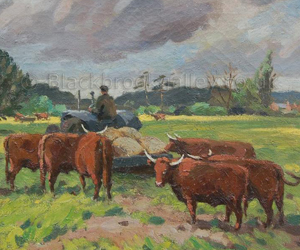 Farmer feeding cattle by Donald Turner naive animal paintings
