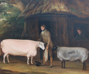 Prize ram with shepherd by Thomas Weaver naive animal paintings
