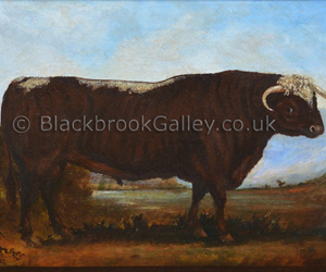 Brabazon longhorn bull in a Lake District landscape by Thomas Thelwall naive animal paintings
