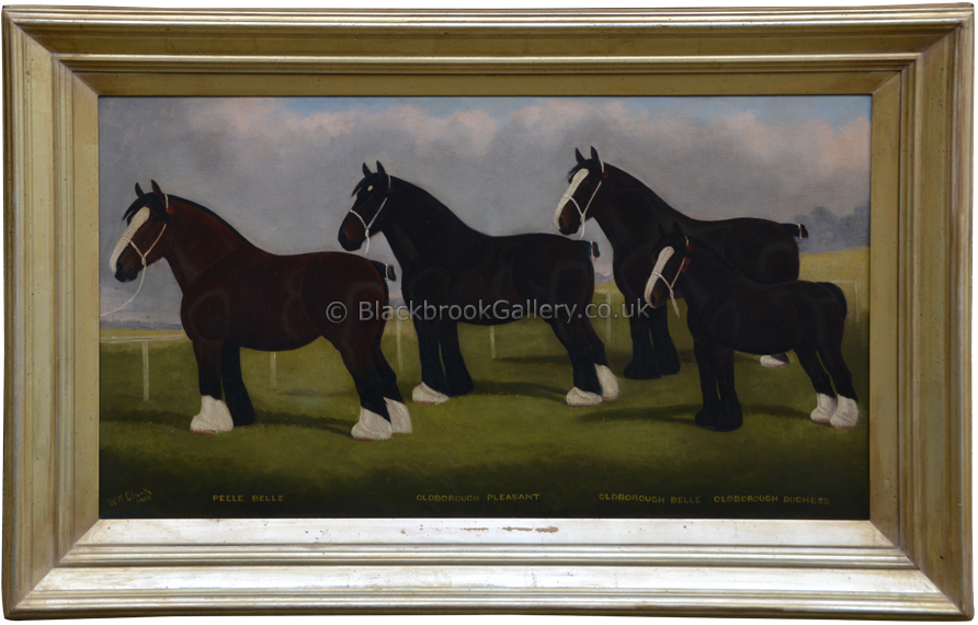Antique Animal Painting, Four Shire Horses Framed By W A Clarke