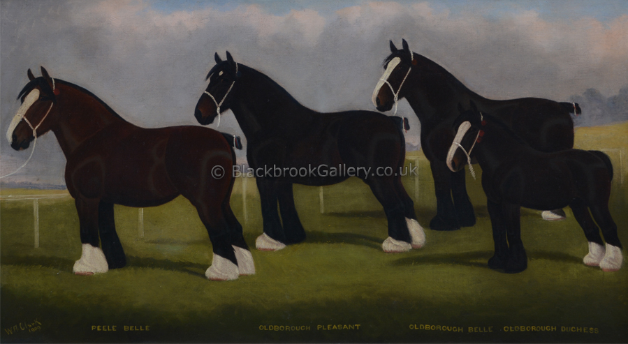 Naive Animal Painting, Four Shire Horses By W A Clarke