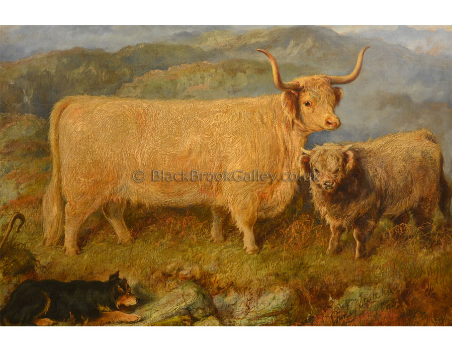 Prize highland cow with her calf and shepherd dog by Gourlay Steell antique animal paintings