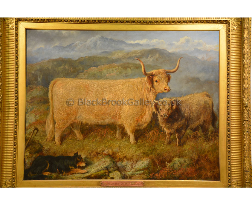 Prize highland cow with her calf and shepherd dog by Gourlay Steell antique animal portrait
