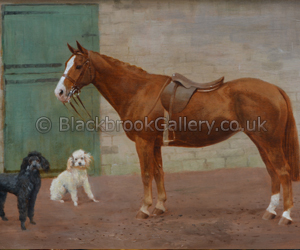 Chestnut Mare with two Poodles by F M Mollams naive animal painting