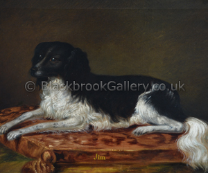 Portrait of a Cocker Spaniel lying on a cushion naive animal painting