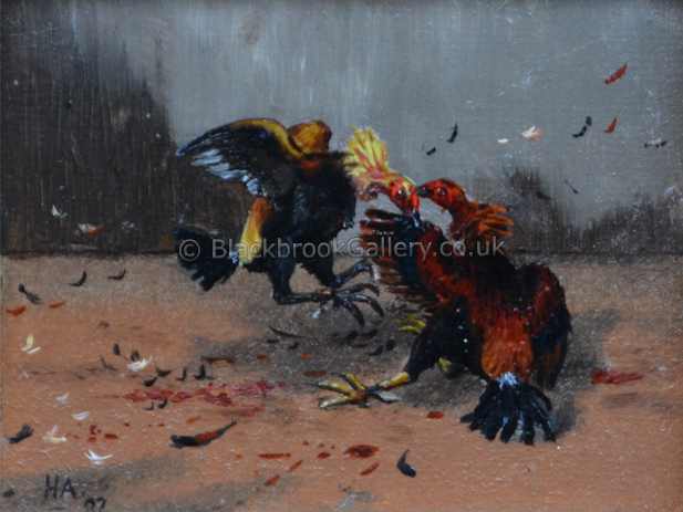 Pair Of Miniature Cock Fighting Scenes, Antique Painting