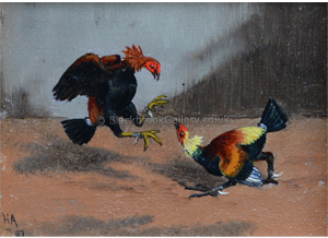 Pair Of Miniature Cock Fighting Scenes