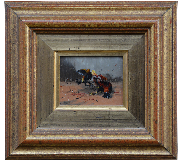 Pair Of Miniature Cock Fighting Scenes, Antique Painting, Framed