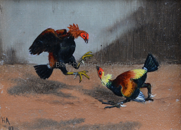 Pair Of Miniature Cock Fighting Scenes, Antique Painting