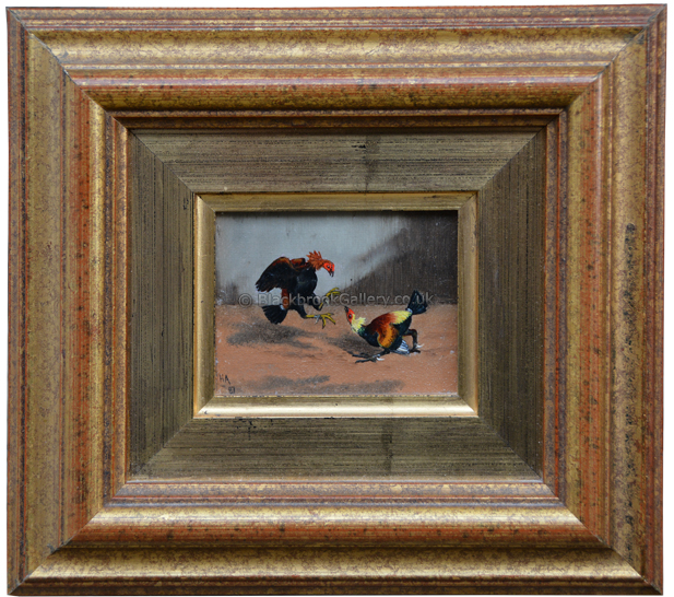 Pair Of Miniature Cock Fighting Scenes, Antique Painting, Framed